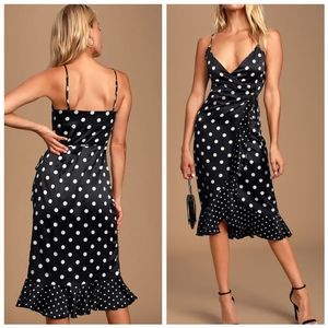 Lulus Love Dottie Black Polka Dot Satin Wrap Dress